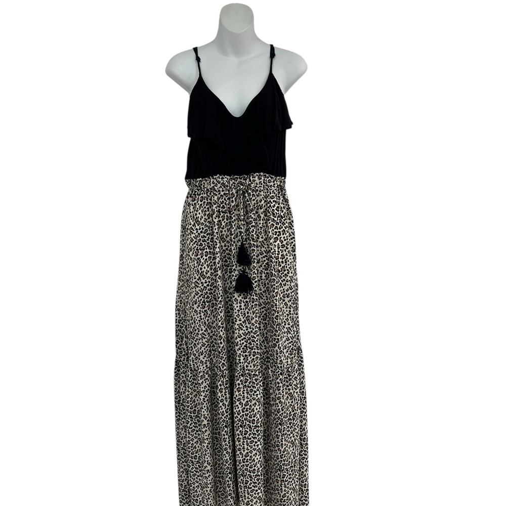 Main Strip Black Tan White Tassel Detail Leopard Animal Print Maxi Dress L
